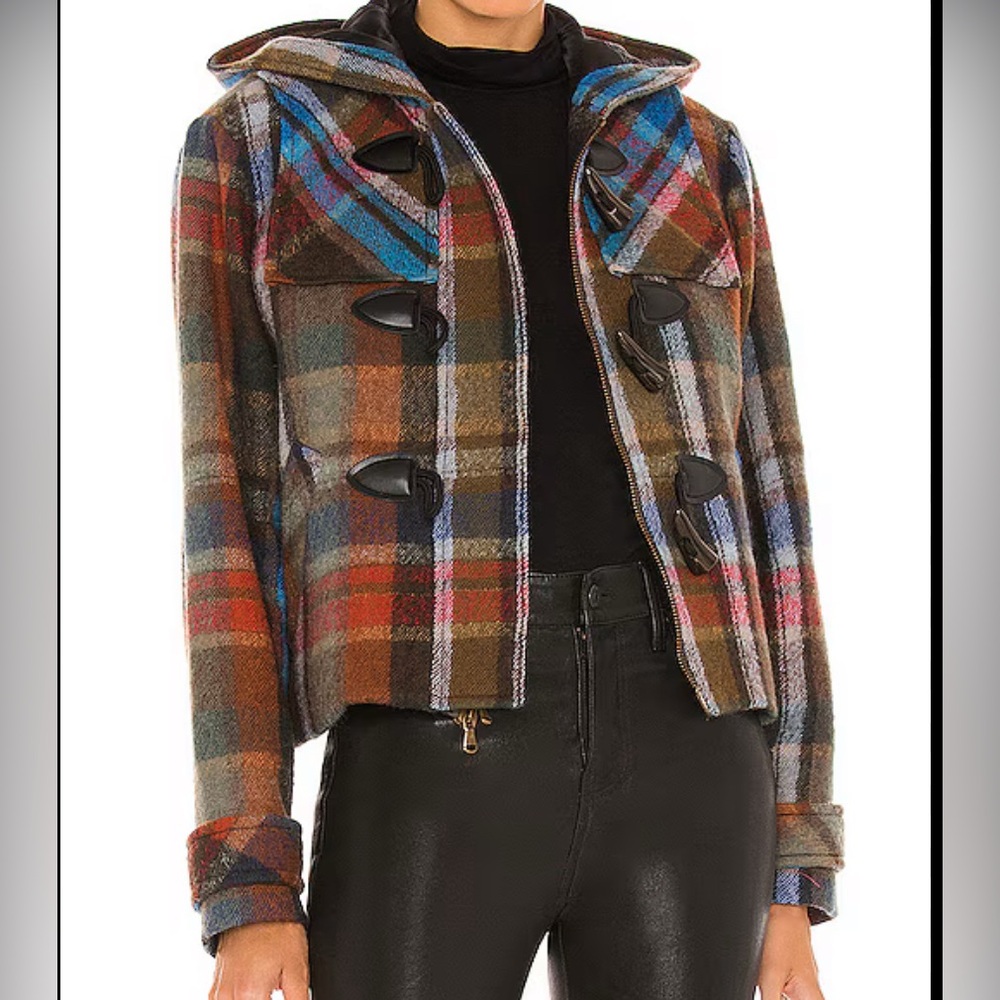 Gorgeous Veronica Beard Plaid Wool Tartan Toggle Coat with Hood & Double Zip